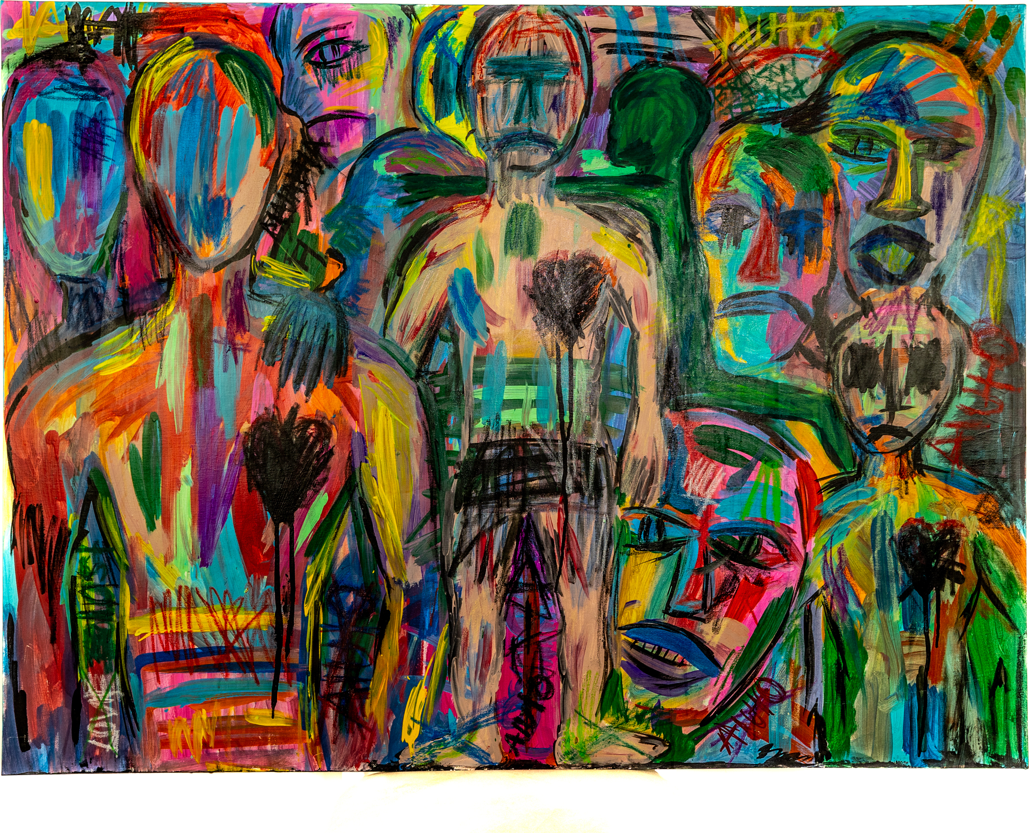 Bold original painting layered with faces and raw color by Franco