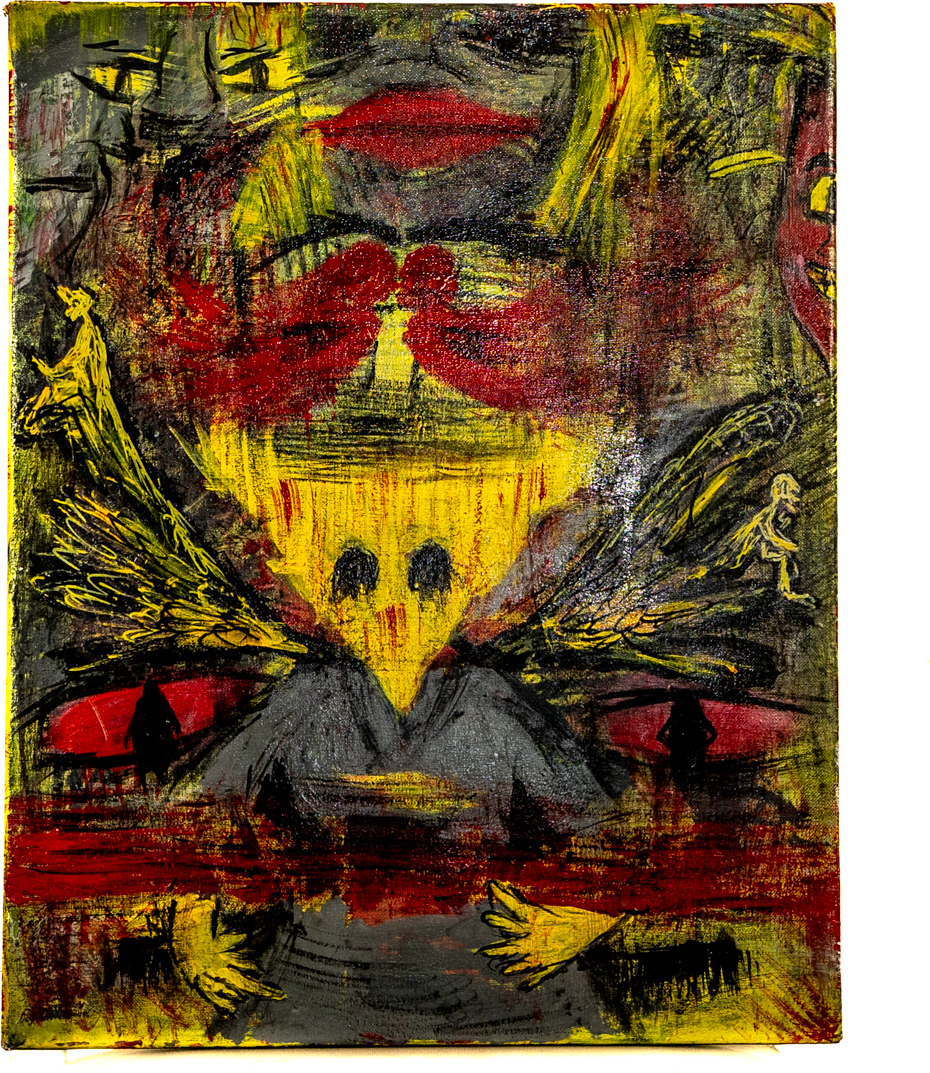 Bold hand-painted canvas exploring inner turmoil and peace