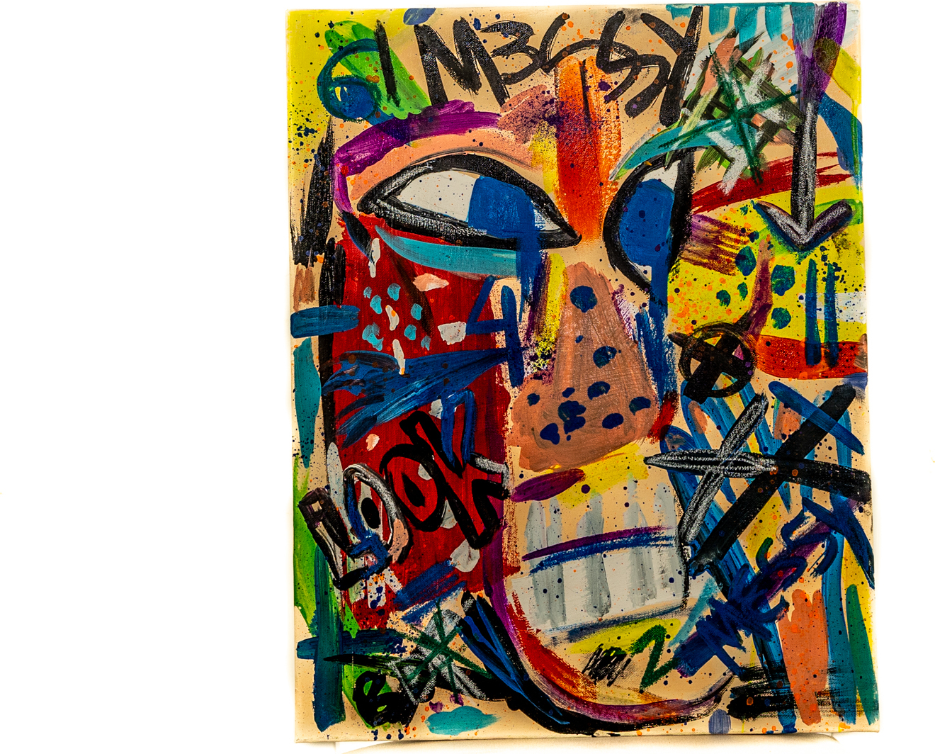 Vibrant graffiti-style portrait with a bold multicolor face and hand-lettered words