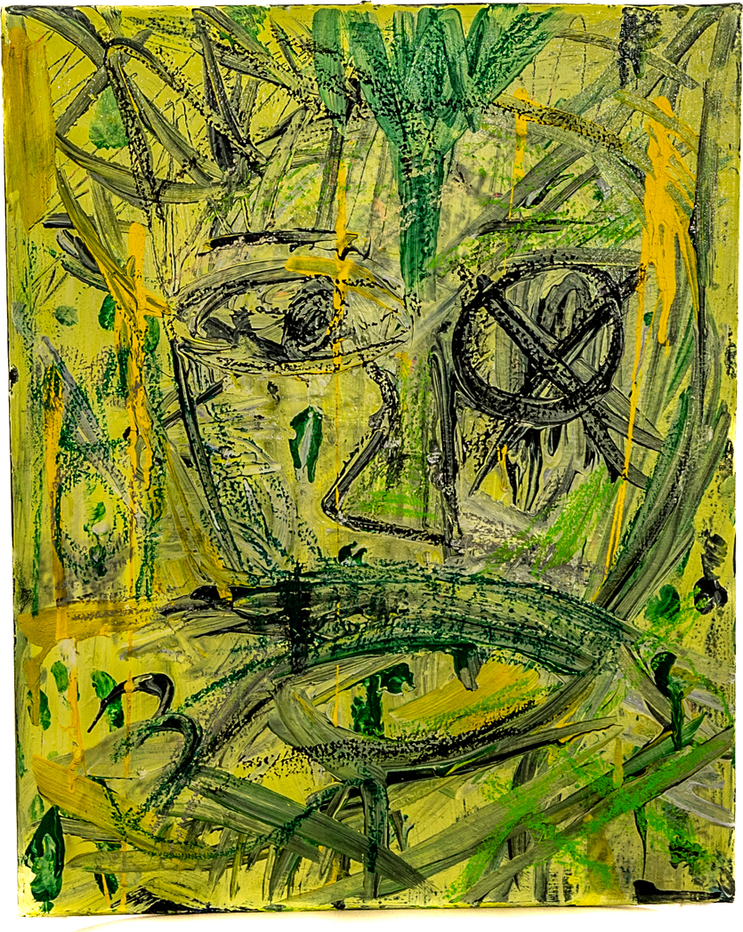 Expressive yellow and green portrait rendered in scratched, layered brushwork