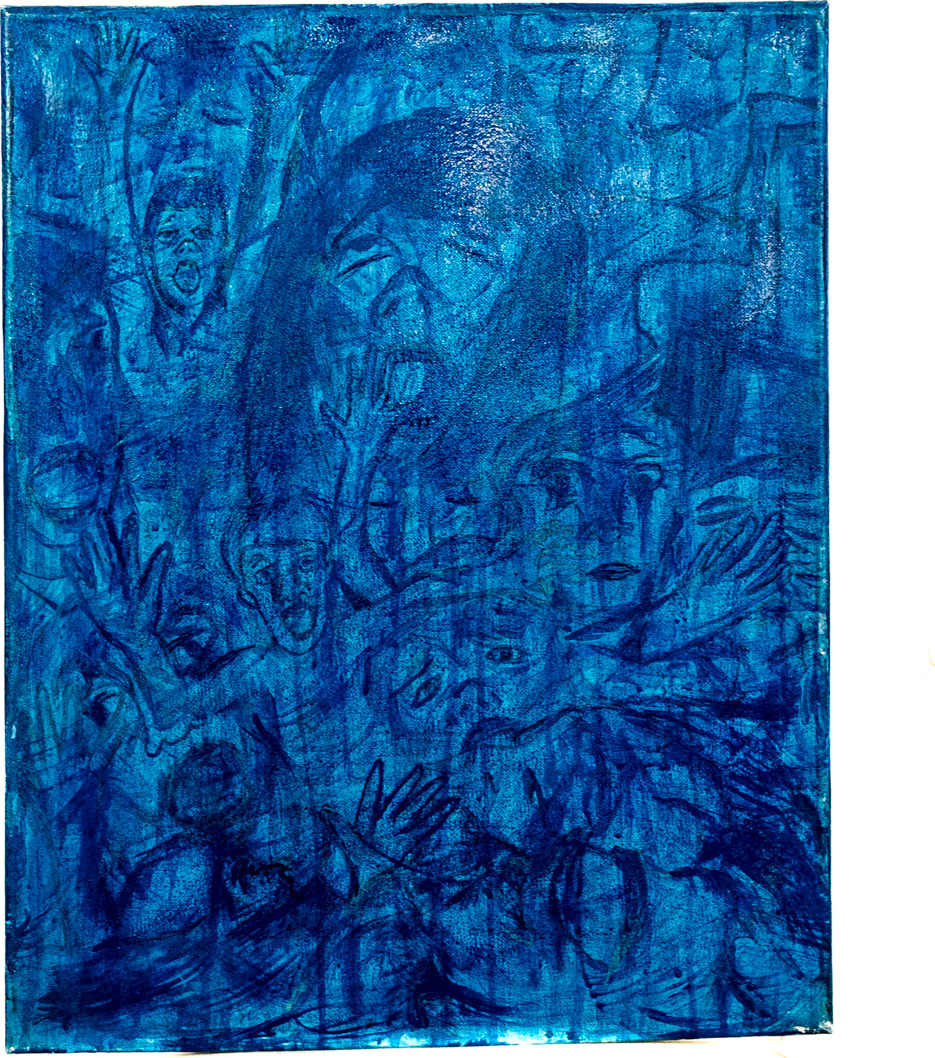 Deep blue monochrome canvas filled with anguished faces and reaching hands