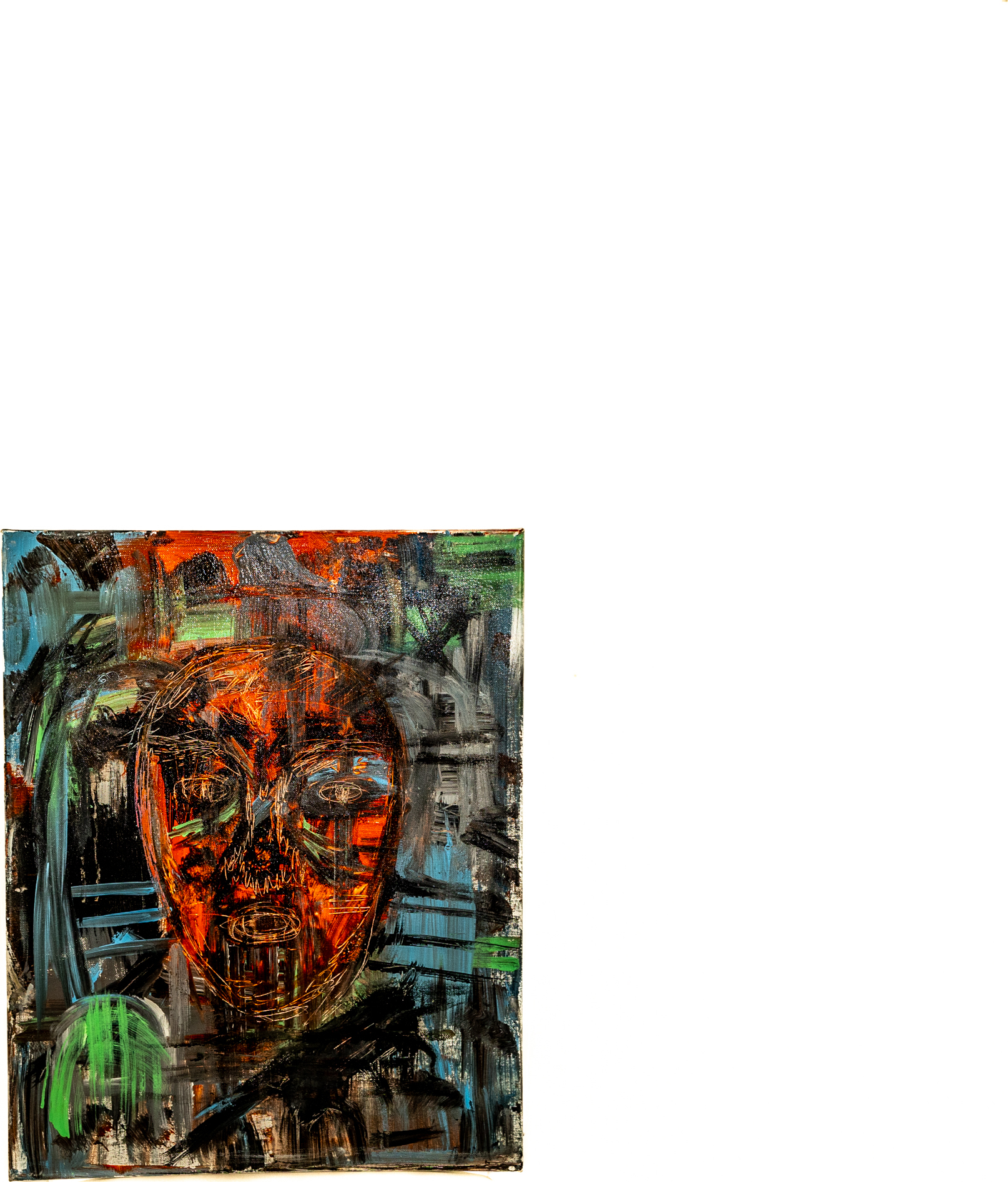 Fiery orange portrait of a face emerging from dark, textured brushstrokes