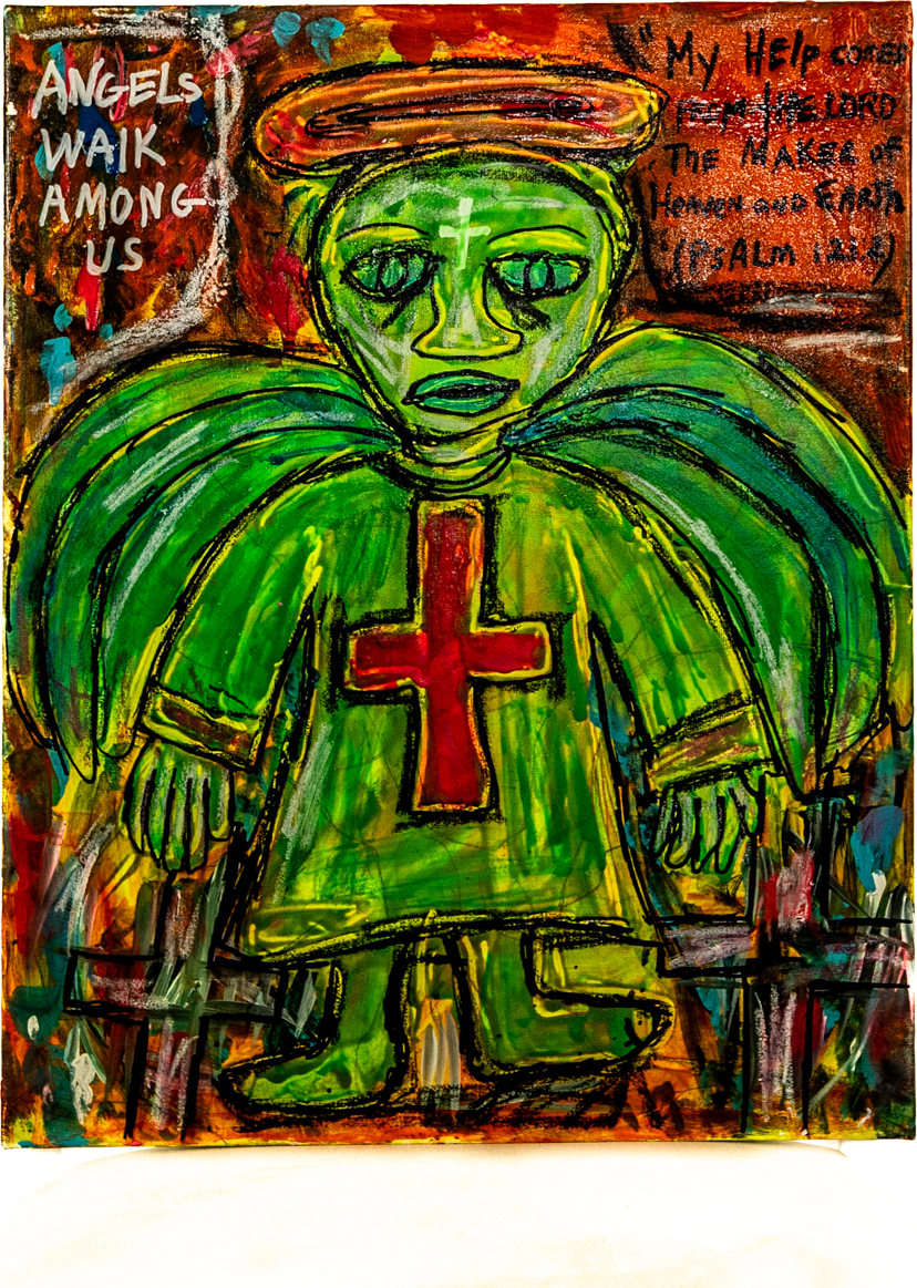 Green angelic figure with a red cross and the words 'Angels Walk Among Us'