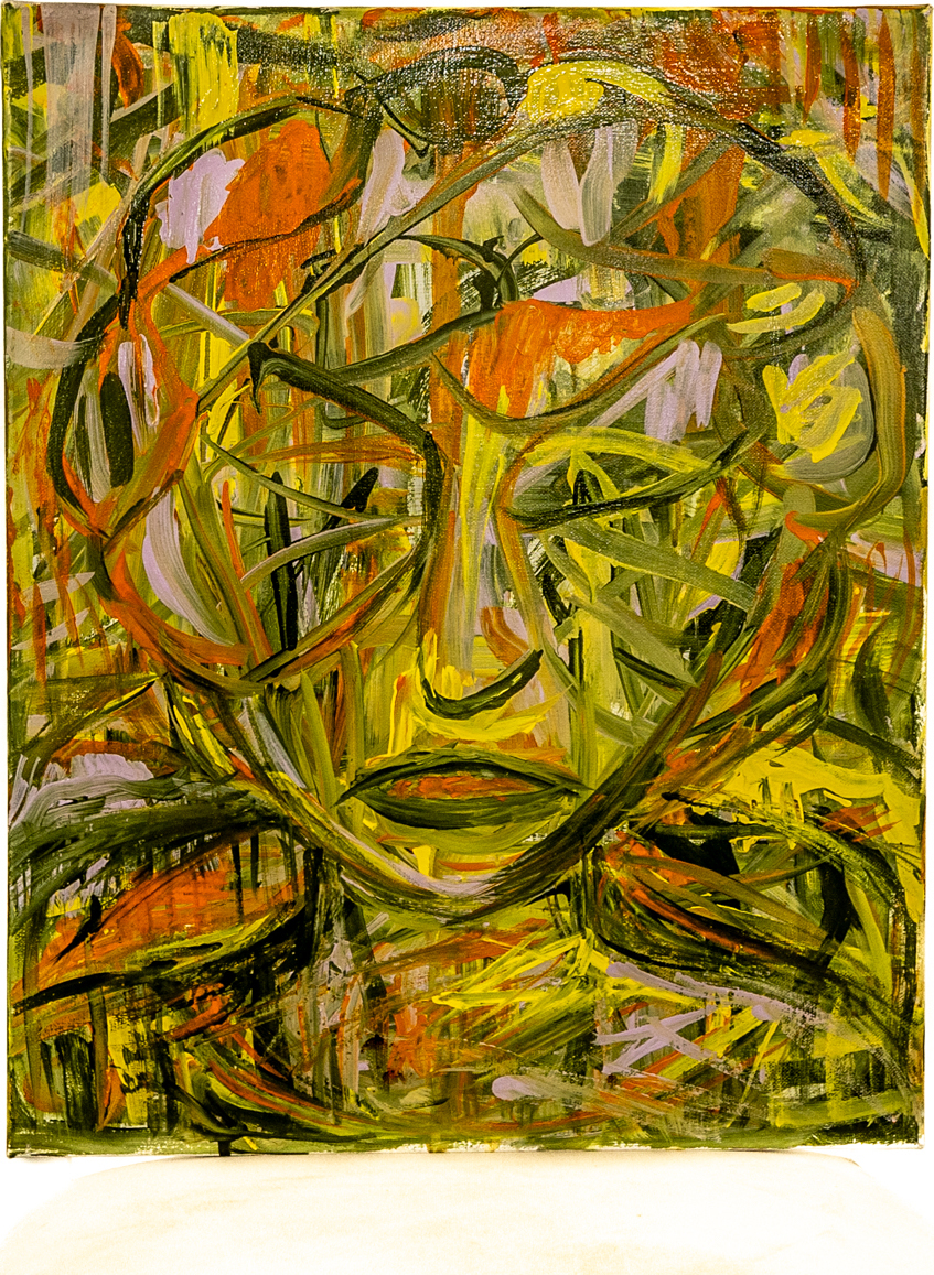 Swirling yellow and olive portrait of a face rendered in energetic lines