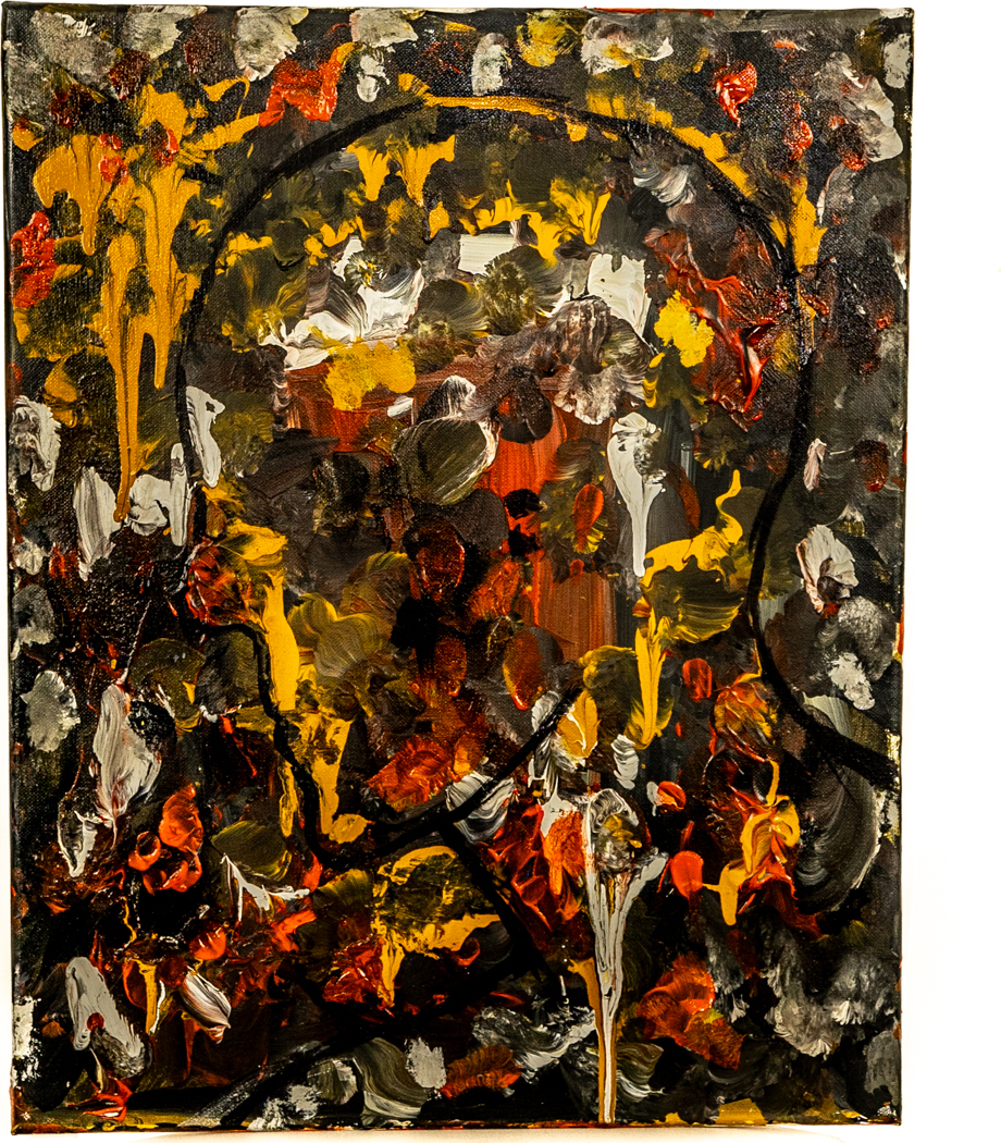 Silhouetted head filled with fiery orange, yellow, and black turmoil