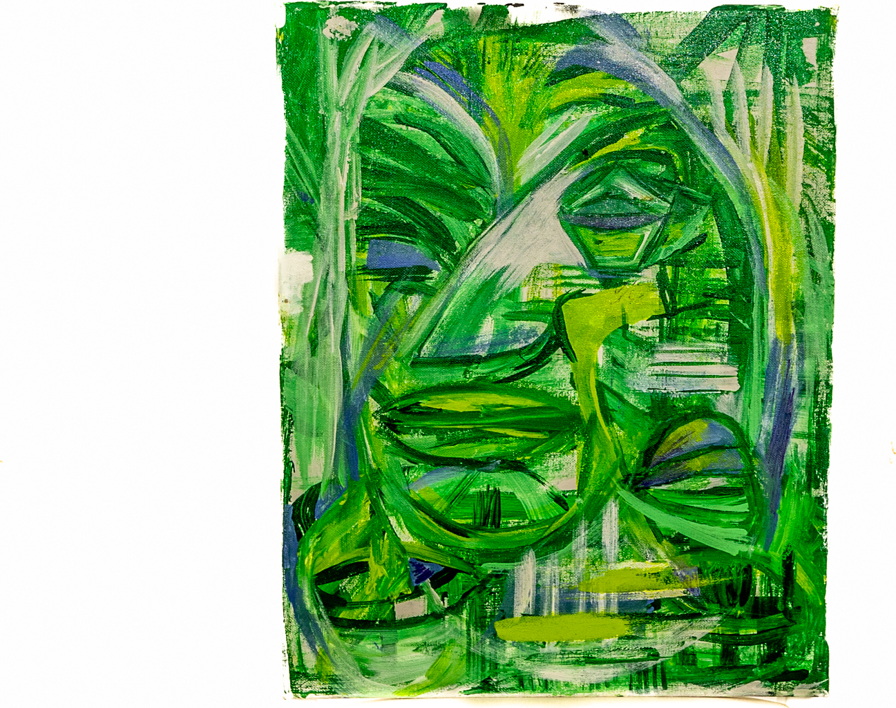 Lush green abstract portrait with layered, leaf-like brushstrokes