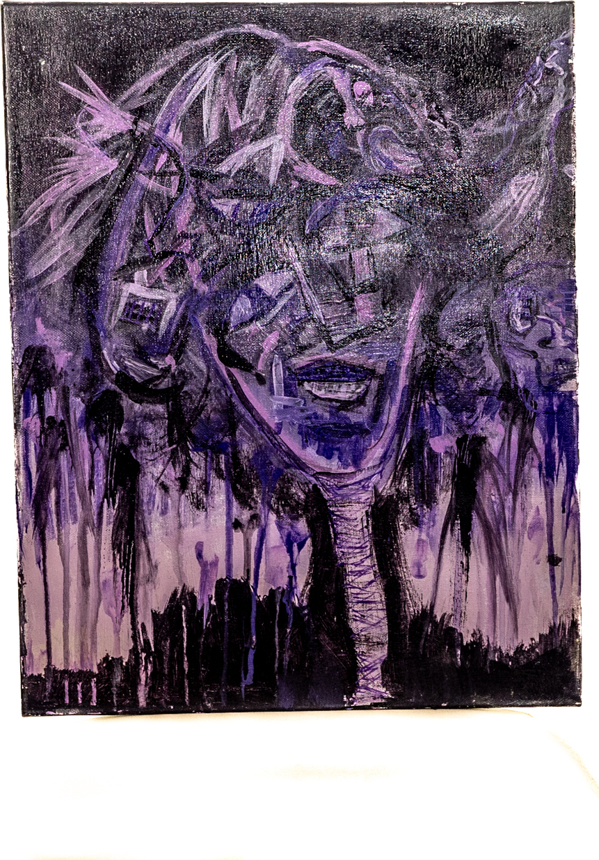 Haunting purple portrait with dripping paint and ghostly faces