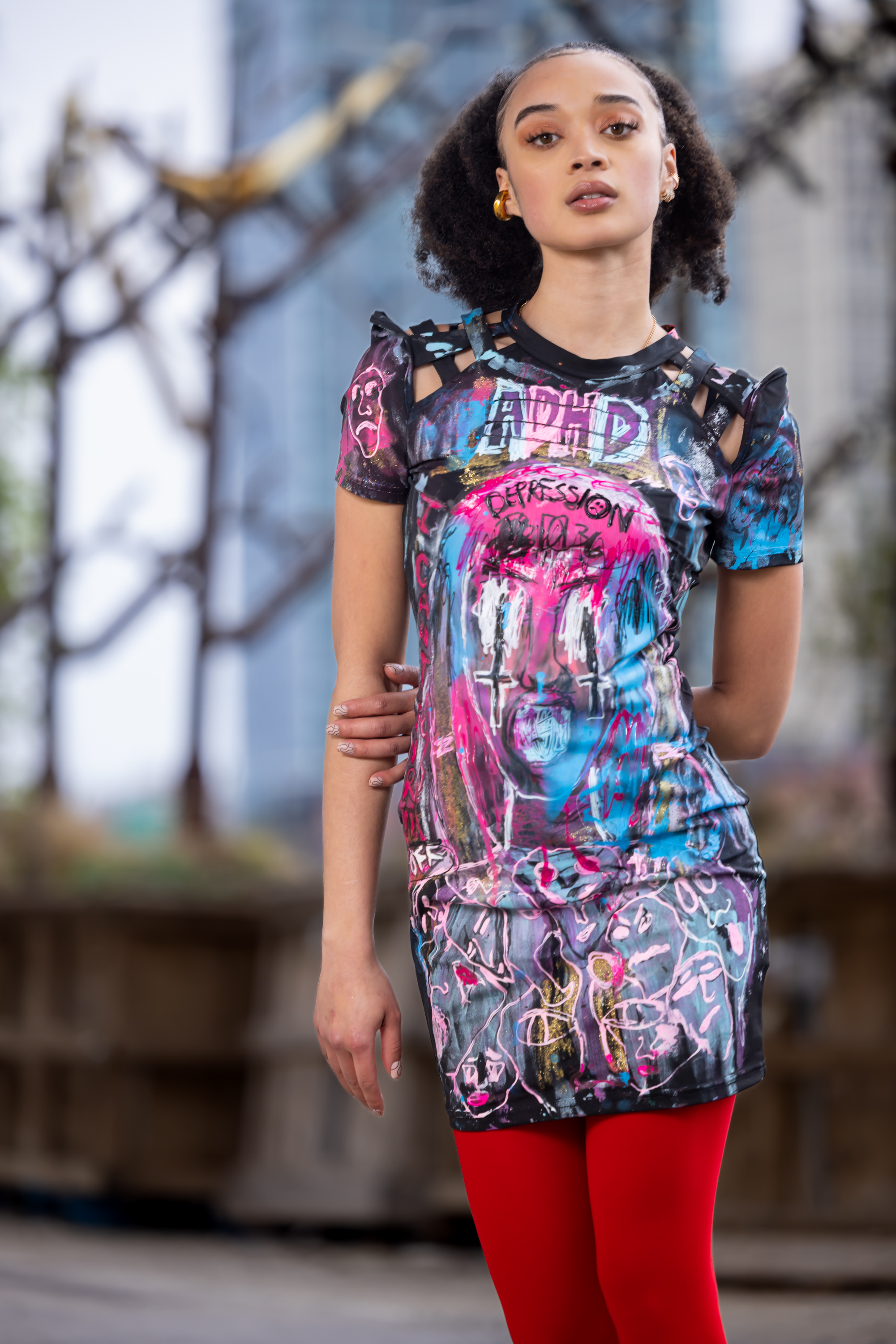 Model in a hand-painted DiSoRdInE piece at the Philadelphia waterfront shoot