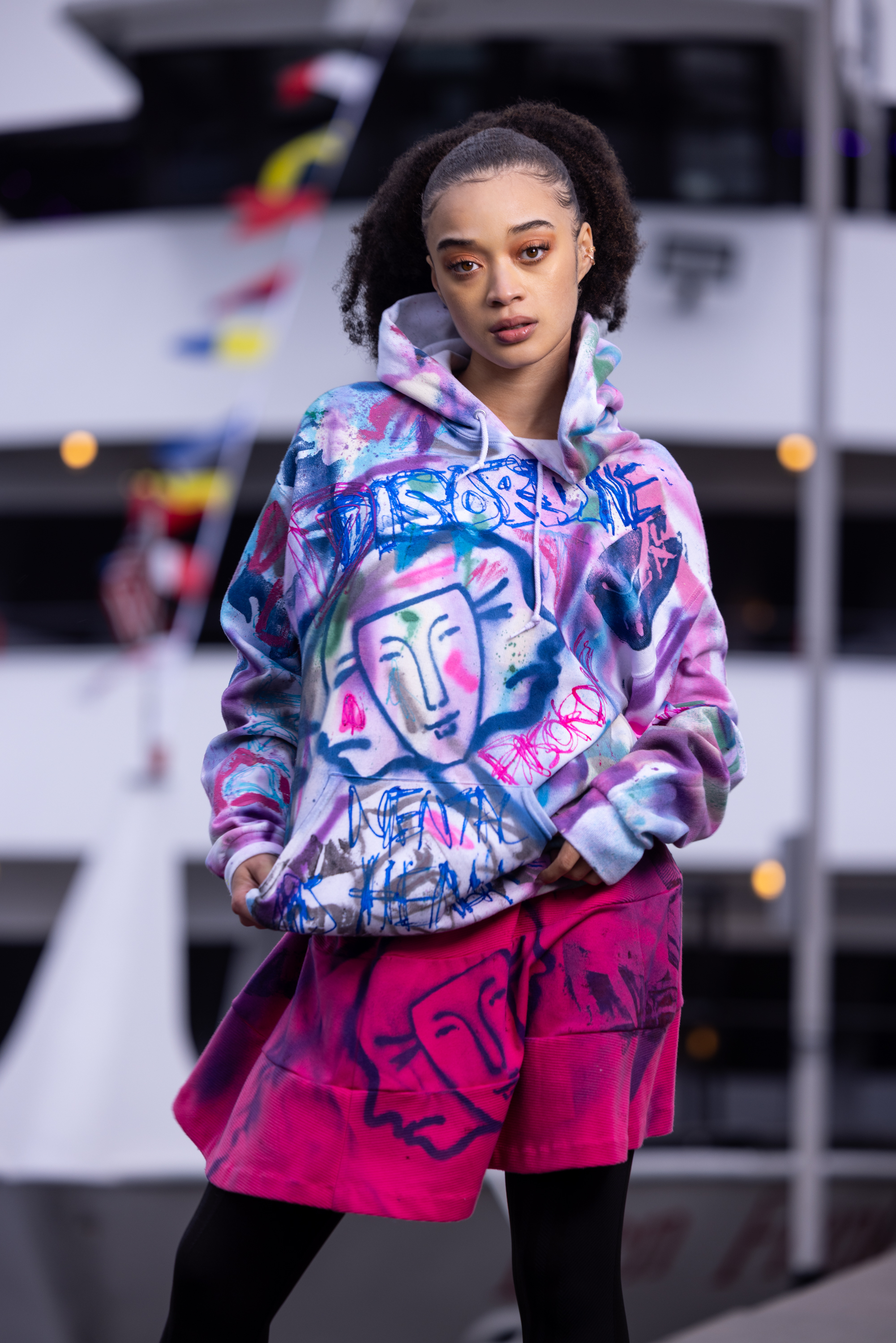 Pink and blue hand-painted DiSoRdInE mental health awareness hoodie